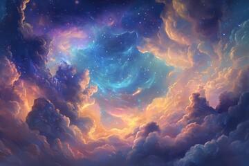 Cosmic cloudscape, vibrant sunset sky, dreamlike view