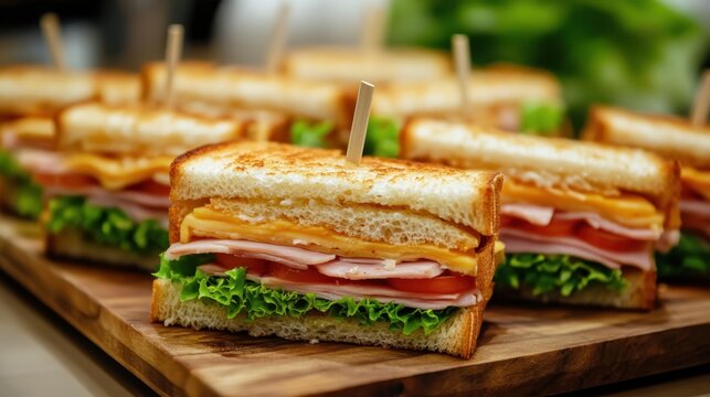 Layered club sandwiches featuring ham, cheese, tomato, lettuce between crisp toasted white bread slices, positioned on rustic wooden surface - Powered by Adobe