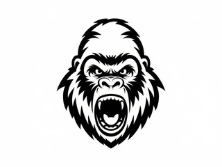 Fototapeta premium Angry gorilla head roaring, powerful expression, graphic illustration style, heavy black linework, monochrome black and white or with minimal deep color accents, isolated headshot