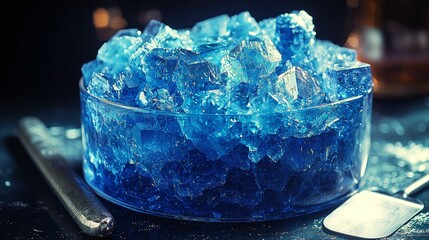 Crystallization dish showcases partially formed blue crystals with a metal spatula