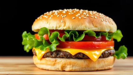 Juicy Beef Burger with Lettuce, Tomato, and Melted Cheese, hamburger on isolated background
