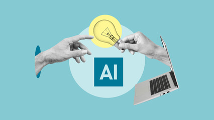 Hand with AI light bulb is coming out of laptop screen for Business AI artificial intelligence...