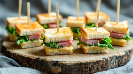 Miniature crustless sandwiches featuring layered ham, cheese, lettuce between toasted white bread slices, arranged on weathered wooden serving surface