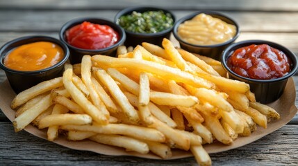 Golden french fries crispy and salted, resting on weathered wooden surface near colorful condiment selections, highlighting comfort food presentation