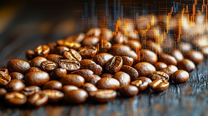Glossy brown coffee beans spiral with overlaid stock market graphics in studio light