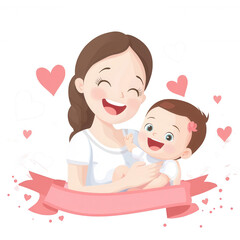 A joyful illustration of a mother holding her baby, surrounded by hearts. The scene radiates love and happiness, perfect for celebrations of motherhood.