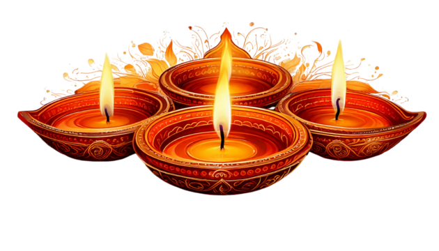 vibrant digital illustration of Diwali, featuring beautifully lit diyas, colorful rangoli on transparent background.