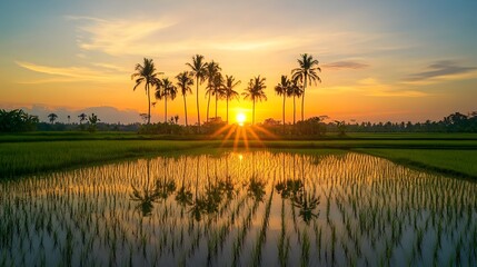 A tranquil rice field reflecting the setting sun, with palm trees in the distance