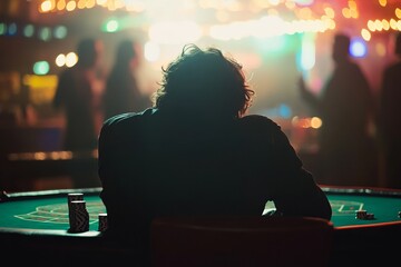 A person sitting alone at a brightly lit casino table, staring anxiously at a dwindling stack of chips.Ludomania addiction,gambling problem,compulsive gambling.