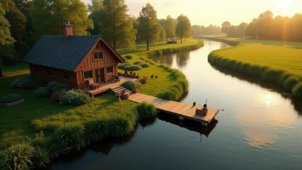 Obraz premium Autumn morning landscape with a peaceful lake and reflections of trees and a cottage