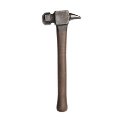 A rugged hammer with a steel head and wooden handle on a white isolated background, symbolizing construction and craftsmanship in various industries.