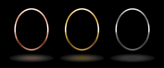 Shiny metal oval frame. Isolated luxury pink gold, gold and silver ellipse border on black background. Set of glossy geometric flat frame mockup design element. 3d Vector illustration.