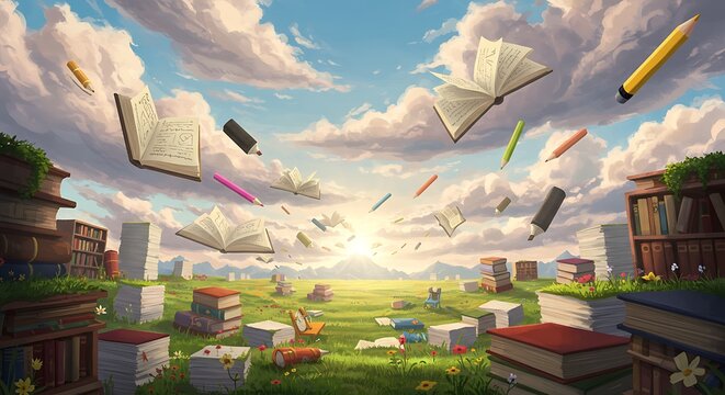 Dreamlike illustration of a landscape filled with books and writing implements suspended in the air, suggesting a love of learning