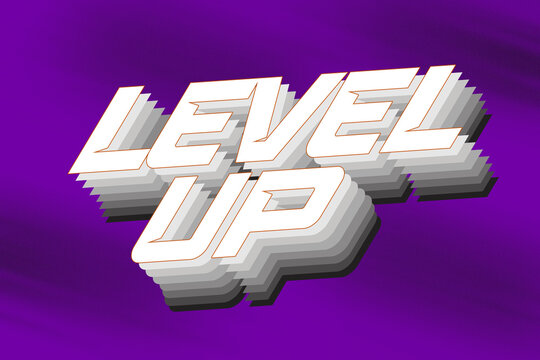 LEVEL UP 3D Text - Stacked White & Gray Embossed Typography on Deep Purple Speckled Background