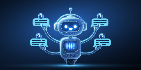 Customer service robot on blue. Chatbot assistant, AI bot, digital character