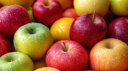 Close-up of wet ripe apples creating a vibrant display of colors