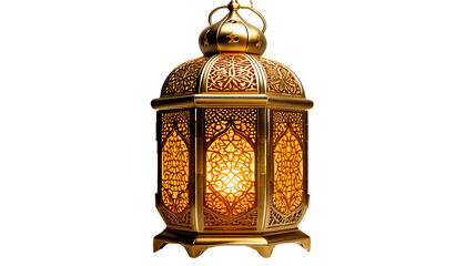 Firefly a digital illustration of intricately designed golden Arabic lantern hanging, glowing warmly isolated on transparent white background, PNG.