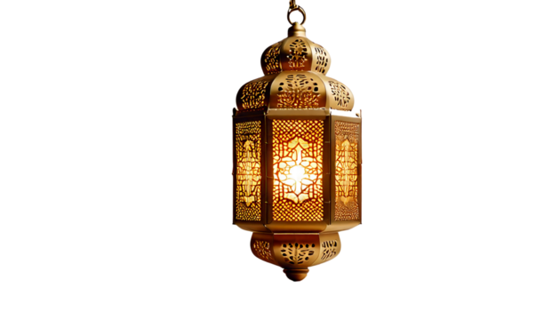 Firefly a digital illustration of intricately designed golden Arabic lantern hanging, glowing warmly isolated on transparent white background, PNG.