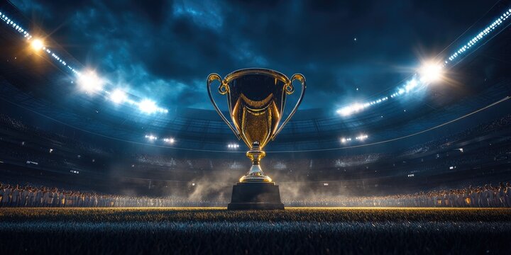 Golden Trophy Shines Under Stadium Lights Celebrating Victory at a Night Event with Glowing Illumination and Enthusiastic Crowd in the Dark Blue Arena