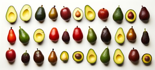 White background with drawings of colorful avocado for children, ai generative