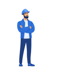 An illustrated construction worker in a blue outfit and helmet, standing confidently with arms crossed. Ideal for depicting hard work and dedication in the construction sector.