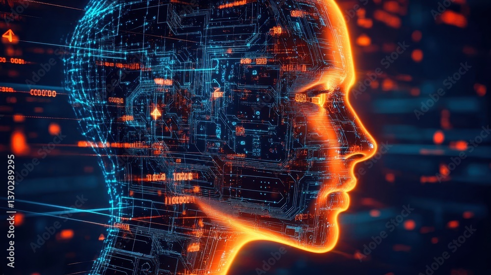 Poster digital binary streams forming human facial profile, symbolizing artificial intelligence merging wit