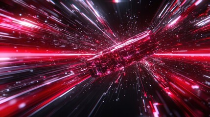 Fototapeta premium Hyperspace Red Cube: A Digital Journey Through Neon Lights