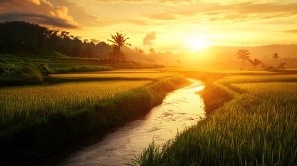 Fototapeta premium A beautiful rice field with a small river flowing through it, reflecting the golden light of sunrise