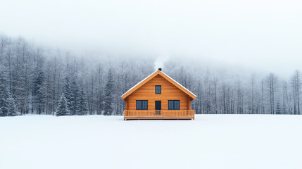 cozy wooden cabin stands snowy landscape, surrounded by dense forest, evoking warmth and
