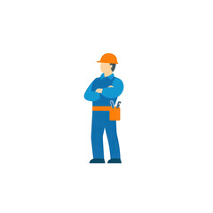 Construction worker standing confidently, wearing a hard hat and blue work attire, ready for the next task, isolated on a white background.