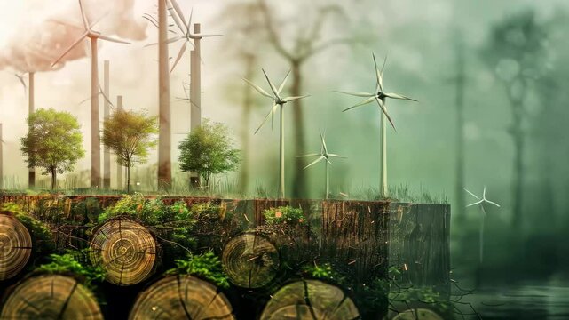 A serene landscape showcases wind turbines promoting renewable energy amidst stumps and green trees regrowing in a misty forest environment.