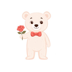 Cute cartoon bear holding a rose, wearing a bow tie, perfect for celebrations and romantic themes, isolated on a white background.