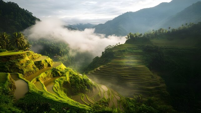 The majestic Banaue rice terraces in the Philippines, mist rising in the early morning