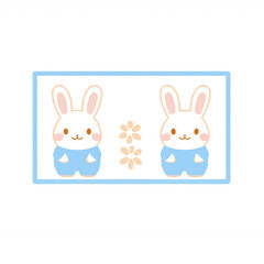 Obraz premium Cute cartoon rabbits with big ears, wearing blue outfits. Ideal for Easter-themed designs or children's illustrations, featuring cheerful expressions against a simple background.
