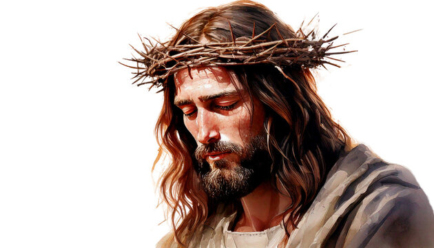 watercolor-style digital painting of Jesus Christ with a crown of thorns, solemnly gazing do isolated on transparent white background.