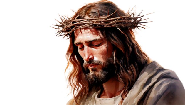 watercolor-style digital painting of Jesus Christ with a crown of thorns, solemnly gazing do isolated on transparent white background. - Powered by Adobe