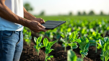 Farmer Using Handheld Solar Device for Agriculture Monitoring in Green Field