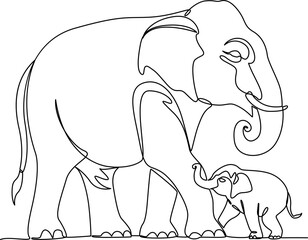 Obraz premium Mother elephant with baby one line art vector