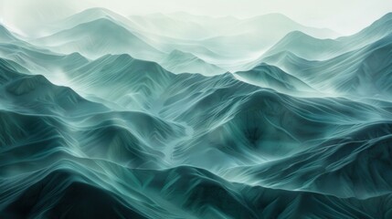 Obraz premium Aerial View of Foggy Mountain Ridges with Teal Tones and Dynamic Textures Evoking a Sense of Movement