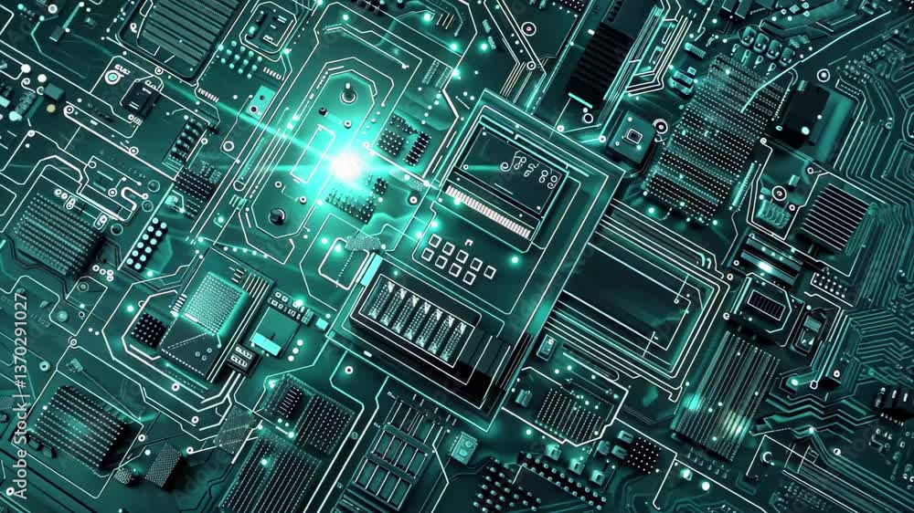 Poster a detailed view of a circuit board showcasing glowing patterns and intricate designs that highlight 