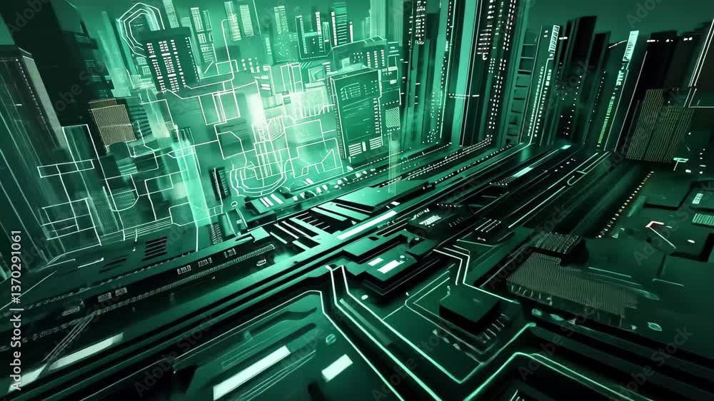 Aufkleber a complex digital landscape showcases illuminated circuits and data streams, creating a vibrant, fut
