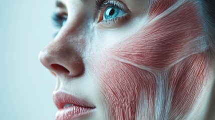 Close up profile revealing woman's facial musculature, highlighting anatomical details for medical learning and professional reference