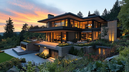 Obraz premium stunning modern house with large windows and beautiful sunset backdrop, surrounded by lush greenery and landscaped gardens