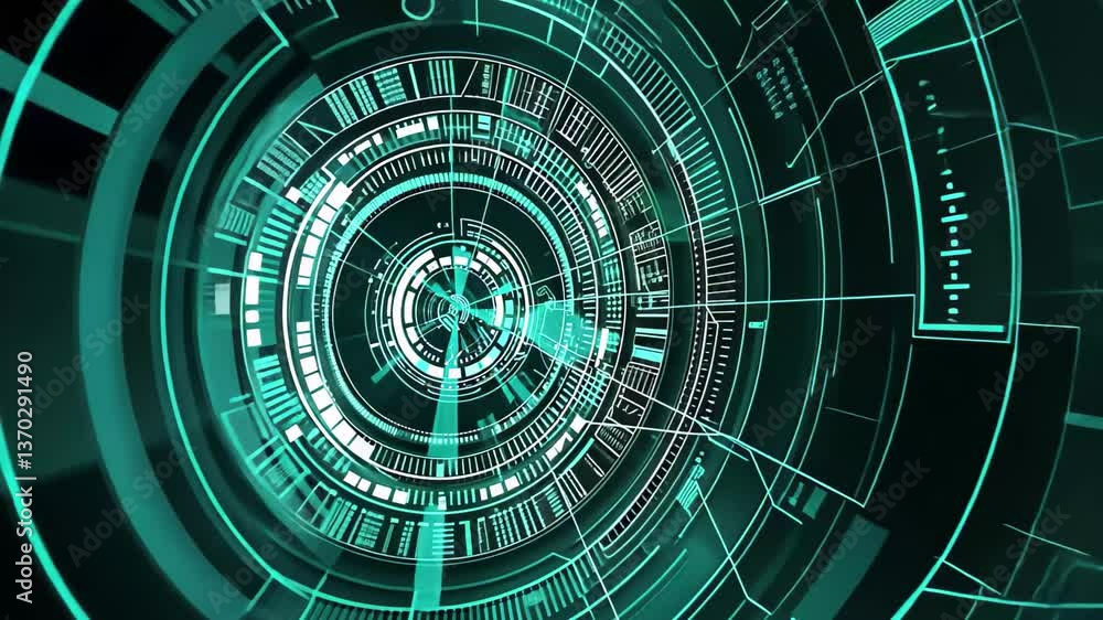Poster an intricate pattern of swirling green digital graphics fills the space, illustrating advanced techn