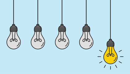 Hanging light bulbs with one glowing on white background. Concept of idea