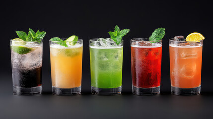 Refreshing cocktails in various colors and flavors, garnished with mint and citrus