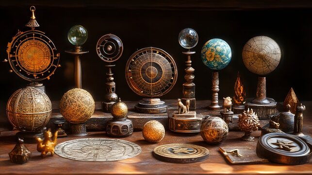 Antique astronomical globes and instruments on wooden shelf