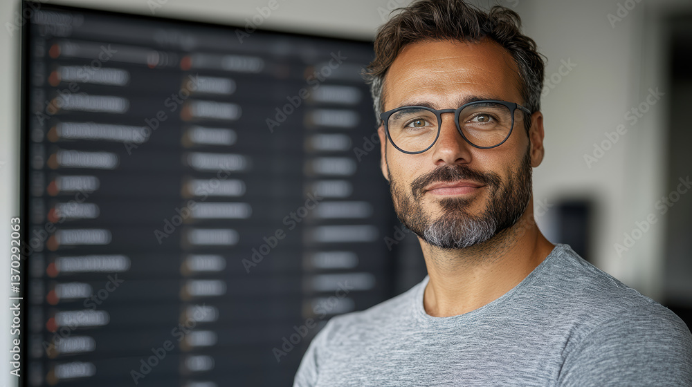 Poster professional man with glasses smiling front of digital display, showcasing analytics and data