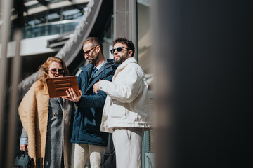 A group of friends stands outdoors in a sunny urban environment, engaged in conversation and...