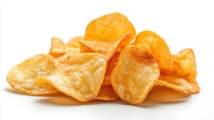 Crispy golden potato chips cascading in appetizing heap, revealing savory texture and irresistible golden brown crunchiness against pure white backdrop